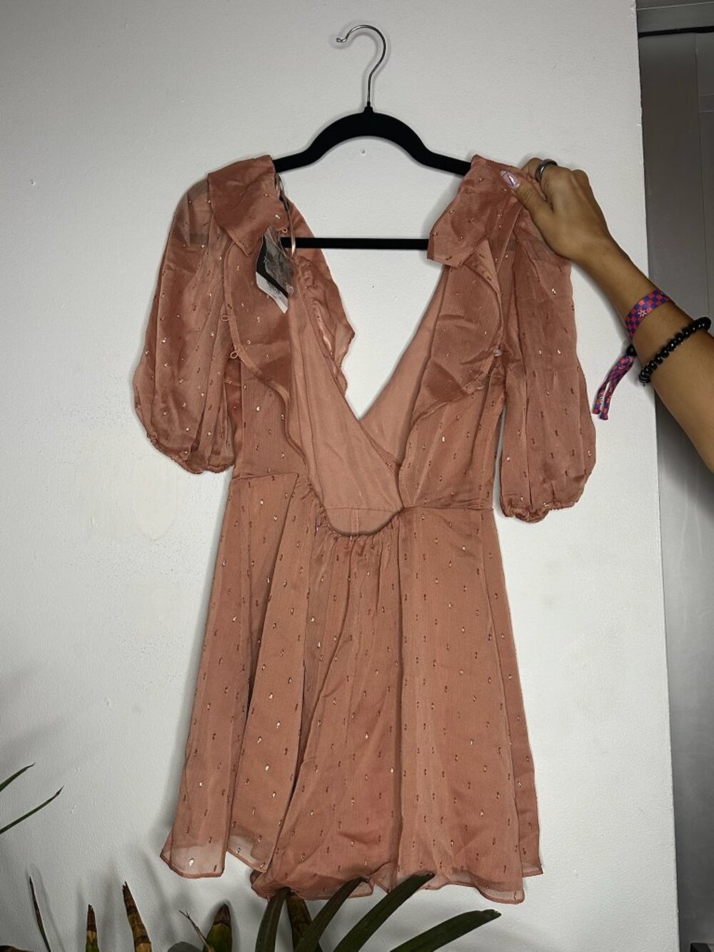 Topshop Blush Metallic Foil Dot Chiffon Ruffle Playsuit Romper with Shorts NWT